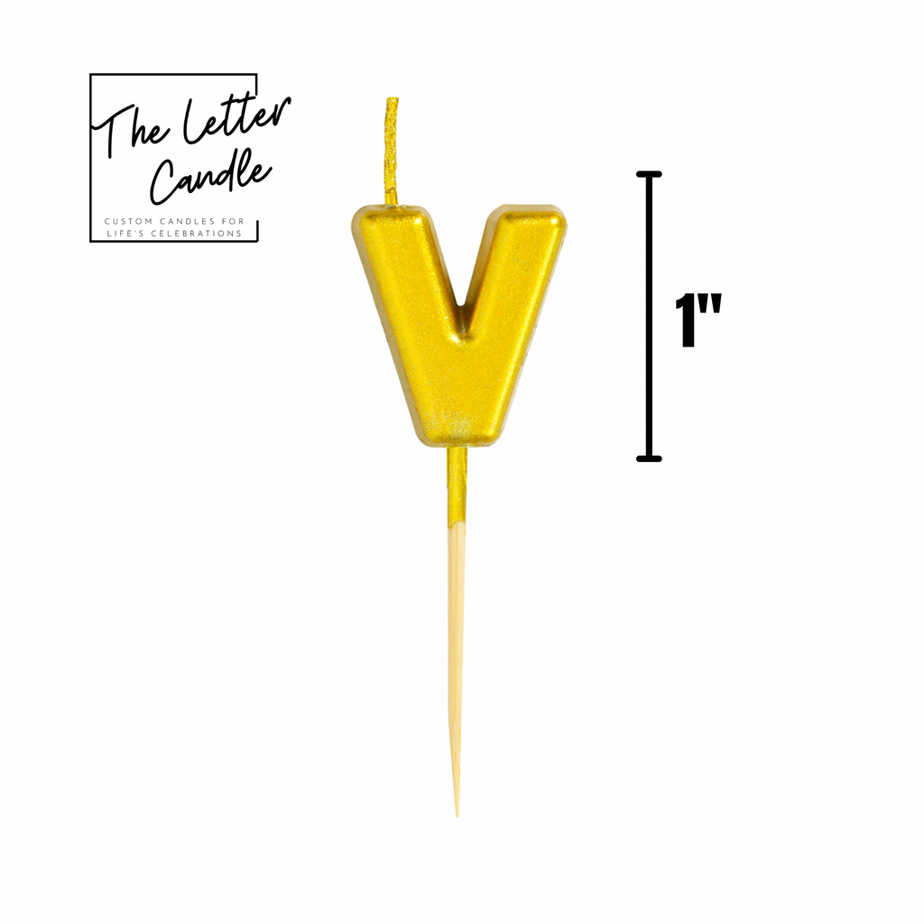 Letter V Candle - 1" Gold Cake Topper Candle