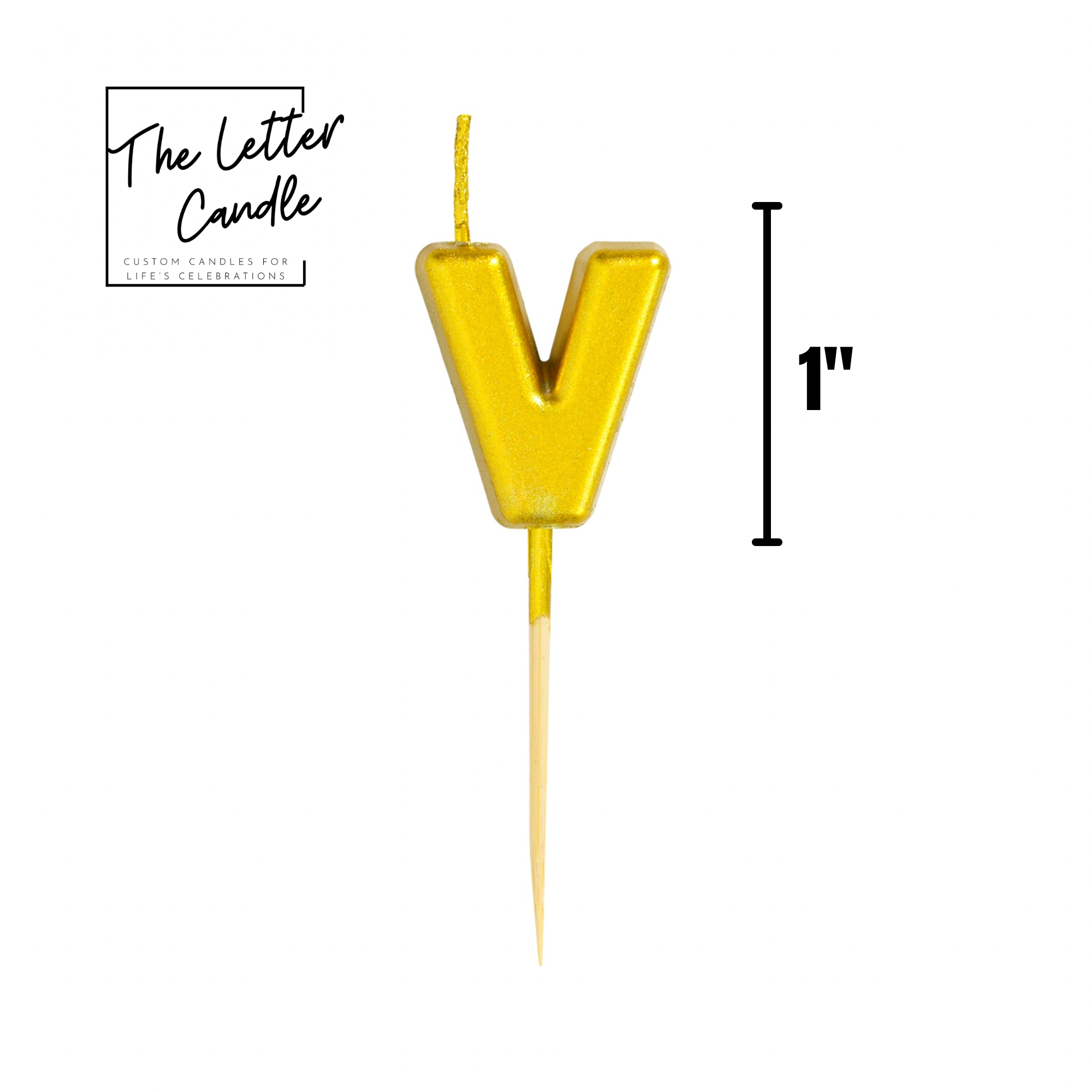 Letter V Candle - 1" Gold Cake Topper Candle